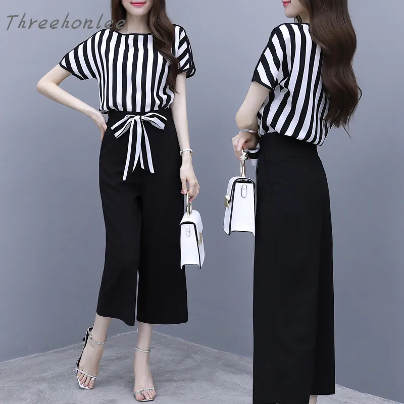 

2021 Summer Woman Casual Two Piece Sets Striped Bow Shirt And Black Mid-Calf Wide Leg Pants Fashion Female Two Piece Suits
