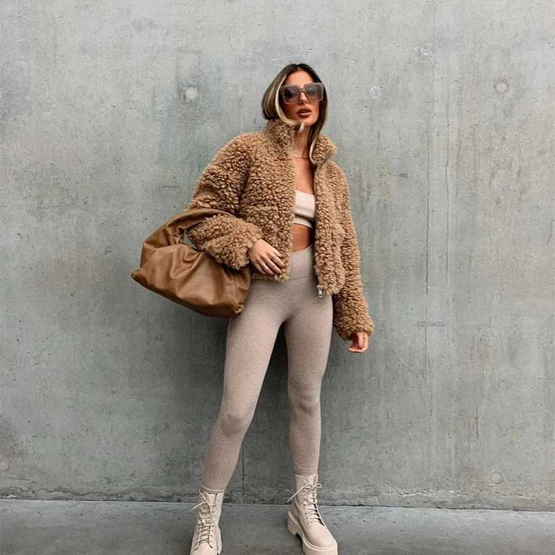 

TRODEAM Women Lamb Wool Faux Fur Coat Stand Collar Thick Warm Solid Zipper Thicken Warm Teddy Fur Jacket Causal Overcoat Female