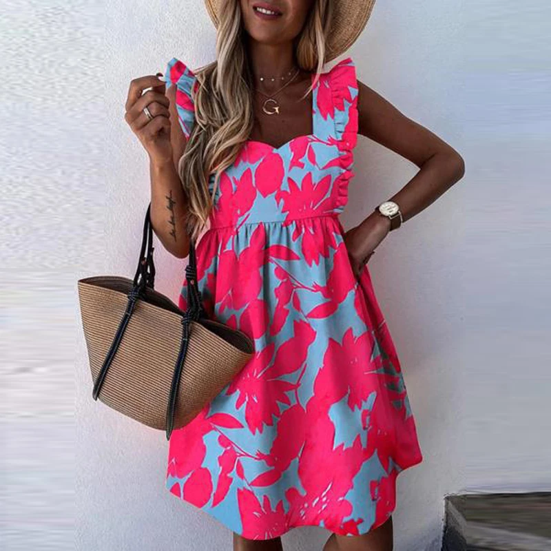 

Sexy Square Collar Casual Mini Dress Women Sleeveless Summer Dress 2021 Fashion Beach Party Woman Dress Plus Size