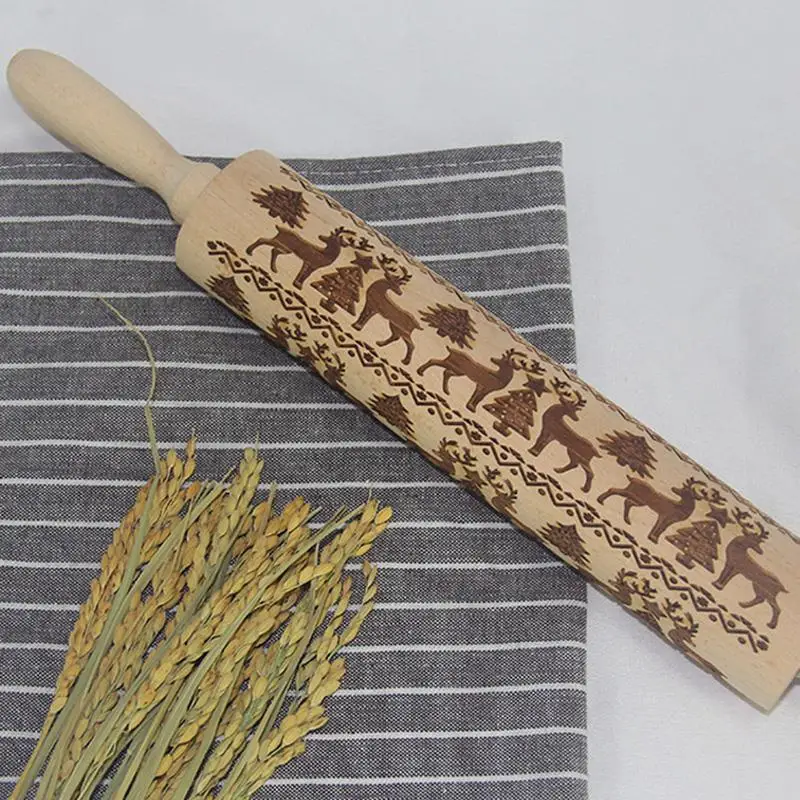

Wooden Embossed Dough Rolling Pin Engraved Pastry Christmas Cake Cookies Baking Tool Stick Kitchen Roller