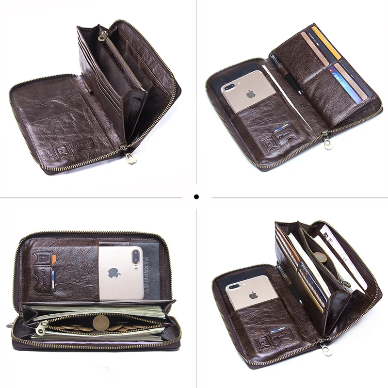 Custom Name Wallets Men Fashion Passport Wallet Zipper Purses With Phone Bags Card Holder Gift  Genuine Cowhide Leather