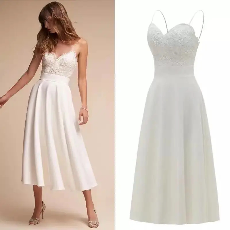 

CloverBridal Spaghetti Straps Civil Mid-calf Short Wedding Dresses 2021 Beach Bridal vestidos de novia свадебное платье WW8379