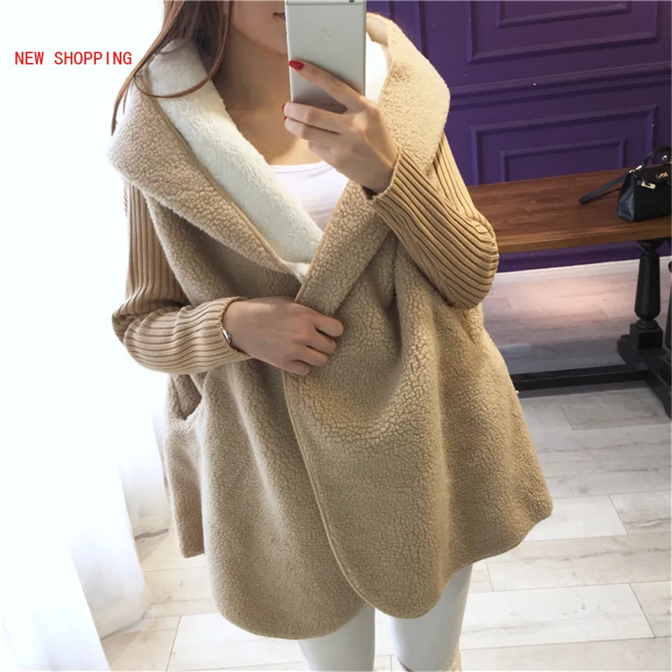 

2020 New Arrival Loose Lamb Wool Coats Warm Cardigan Solid Color Hooded Long Fashion Coat Knitted Sleeve Stitching Thick Jacket