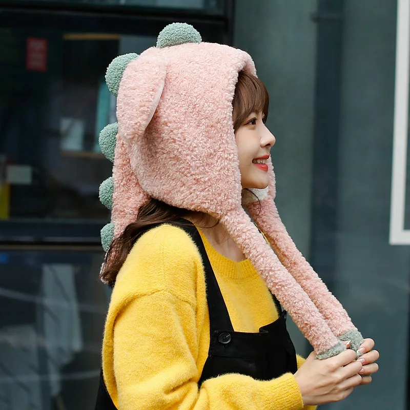 Dinosaur Beanie Hat Female Winter Funny Cute Knitted hats Woolen Warm with moving ears Earmuffs Gift Home Outdoor 2021 bomber trapper hat