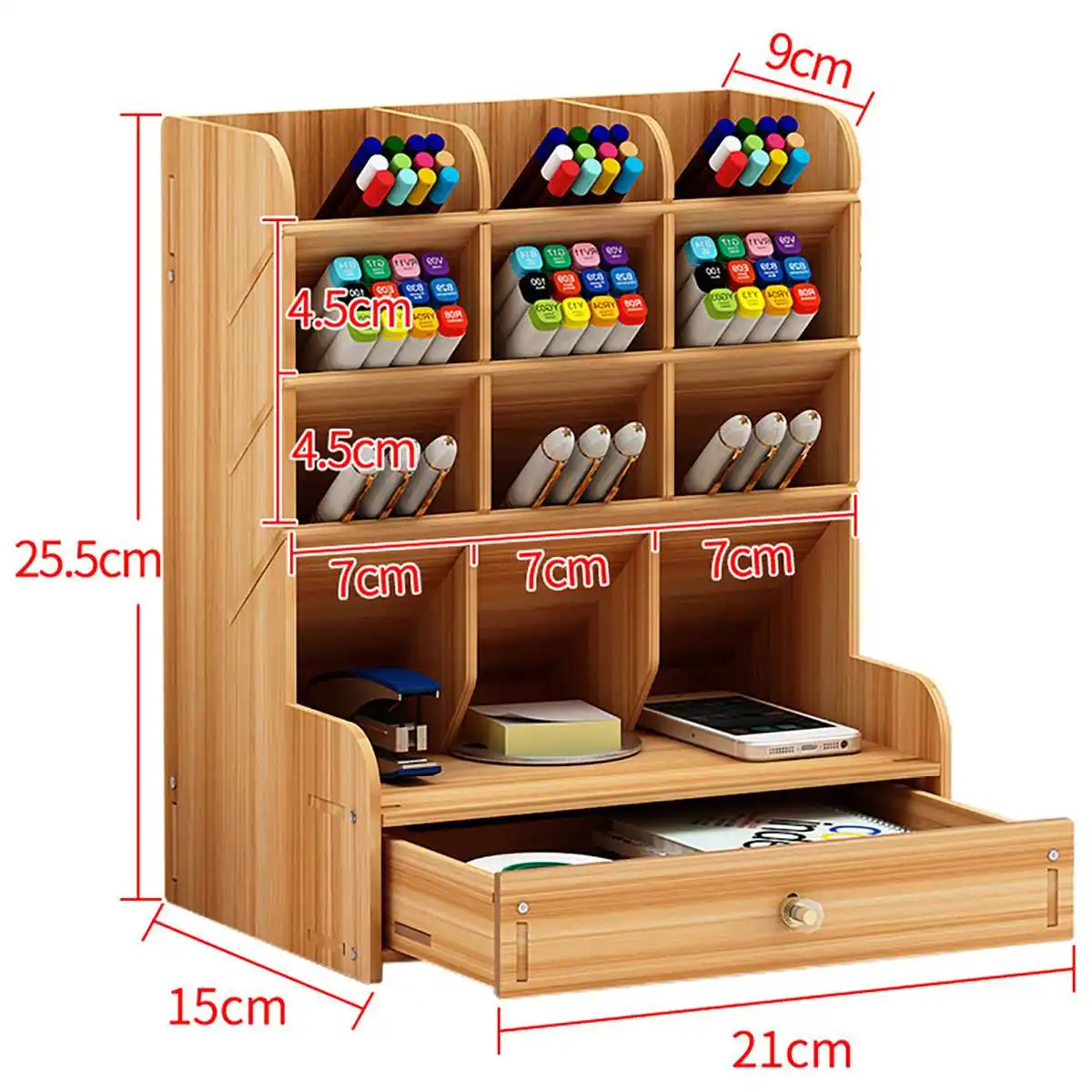 

Wooden Desk Organizer Multi-Functional DIY Pen Holder Box Desktop Stationary Home Office Supply Desktop Storage Rack with Drawer