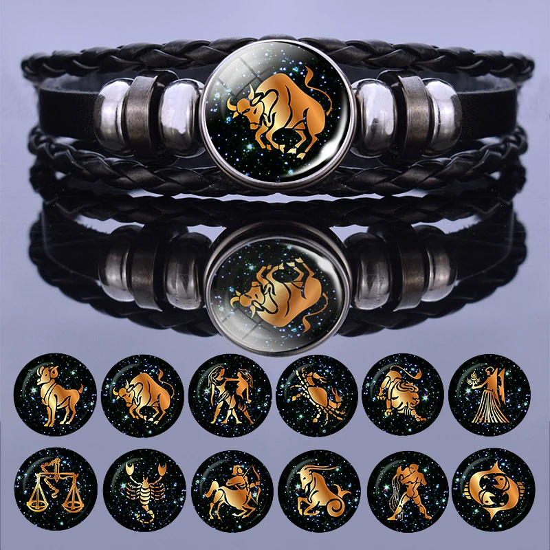 Кожаный браслет с 12 знаками Зодиака для мужчин и женщин плетеные веревочные