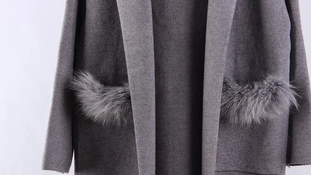 Длинный кардиган из лисьего меха женский свитер повседневное осеннее вязаное