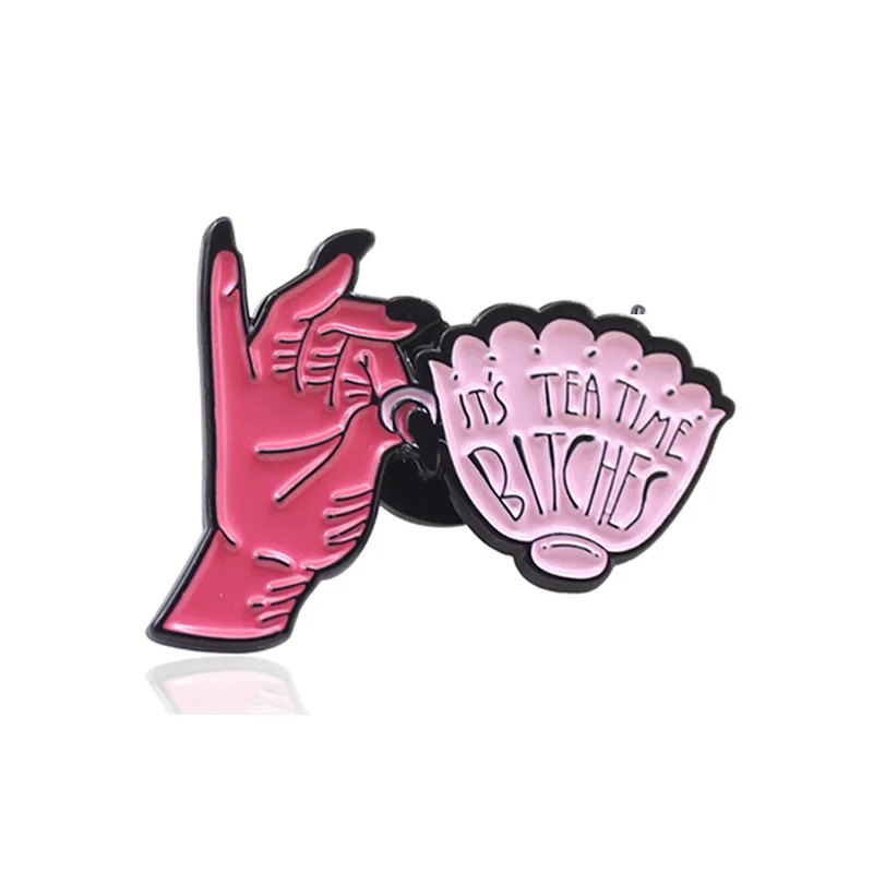 

Cartoon Red Hand Evokes The Shell Slogan IT'S TEA TIME Creative Enamel Pins Badge Brooch