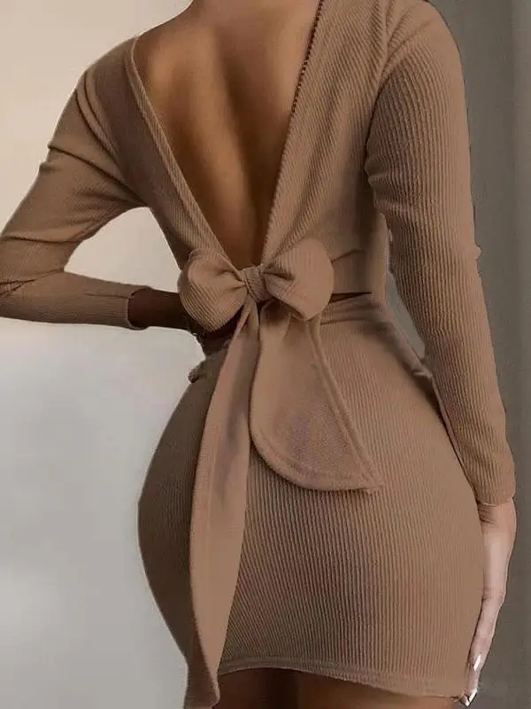 

Hotsellingr Plain Color Butterfly Dew Back Long Sleeve Hip Wrap Sexy Dress