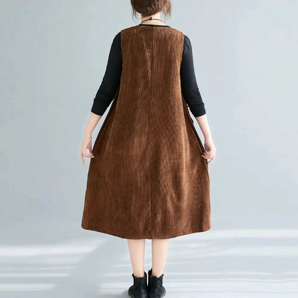 

Women's Dresses Vintage Pocket Corduroy Solid Color Sleeve Loose Casual Large Size Fashion Hot Sale Dress