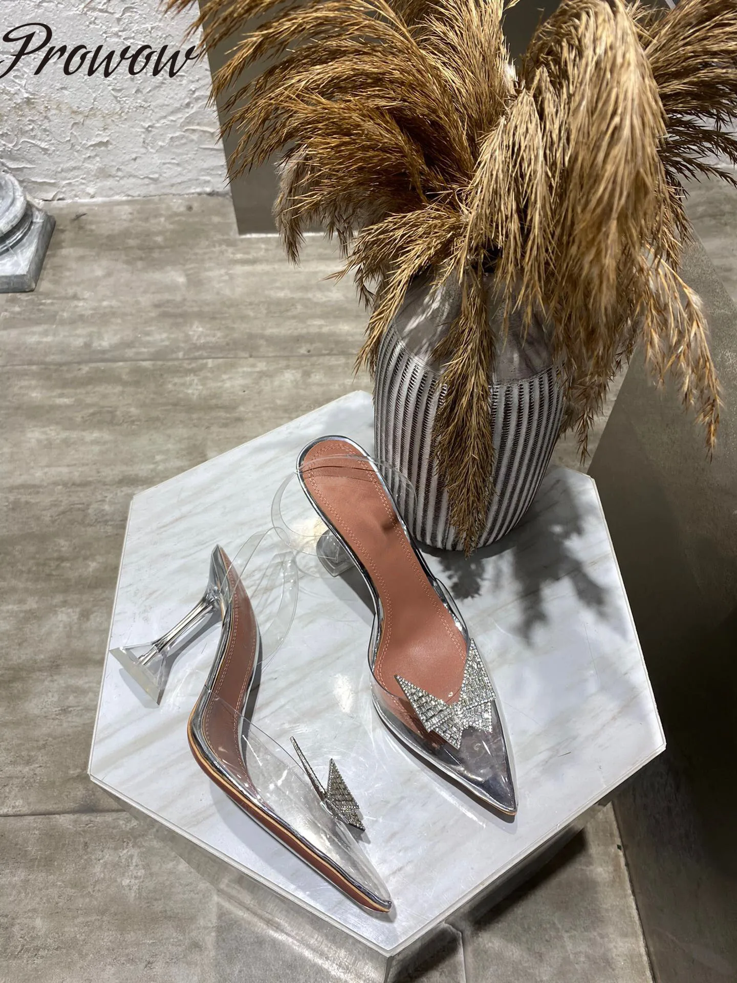 

Prowow New Clear Transparent PVC HIgh Heels Sexy Pointd Toe Sling Back Party Pumps Wedding Shoes Butteryfly Luxury