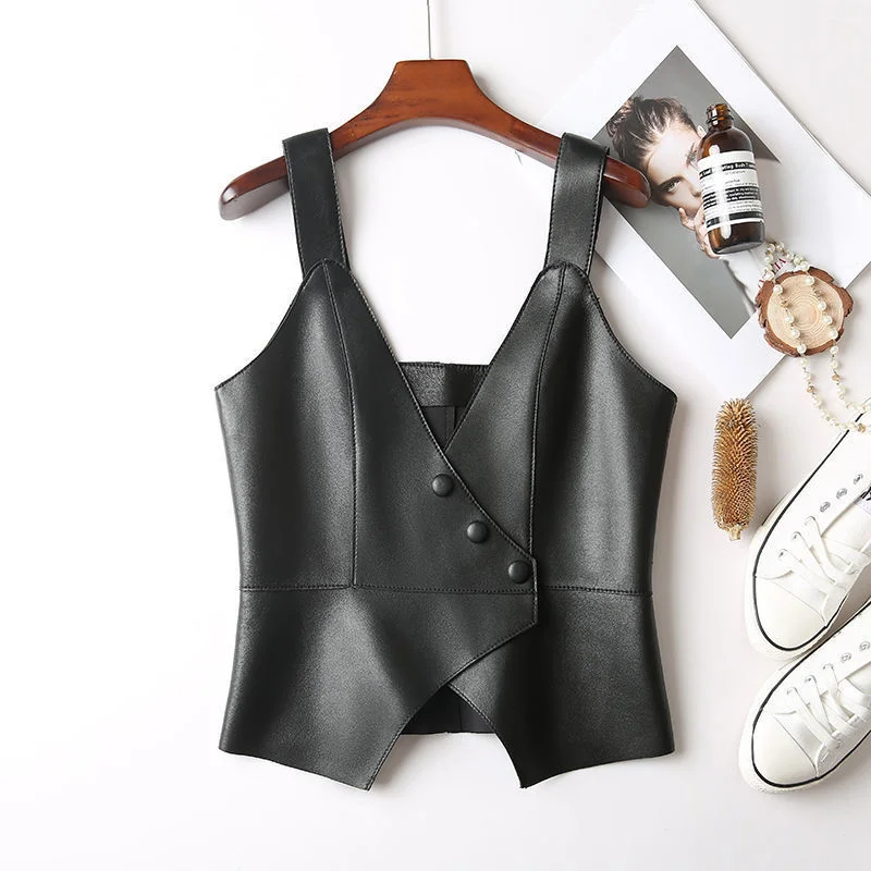 

Women 2022 Spring Autumn Casual PU Leather Short Vest Female Ruffles Solid Button Sleeveless Waistcoat Ladies Elegant Vests Y13