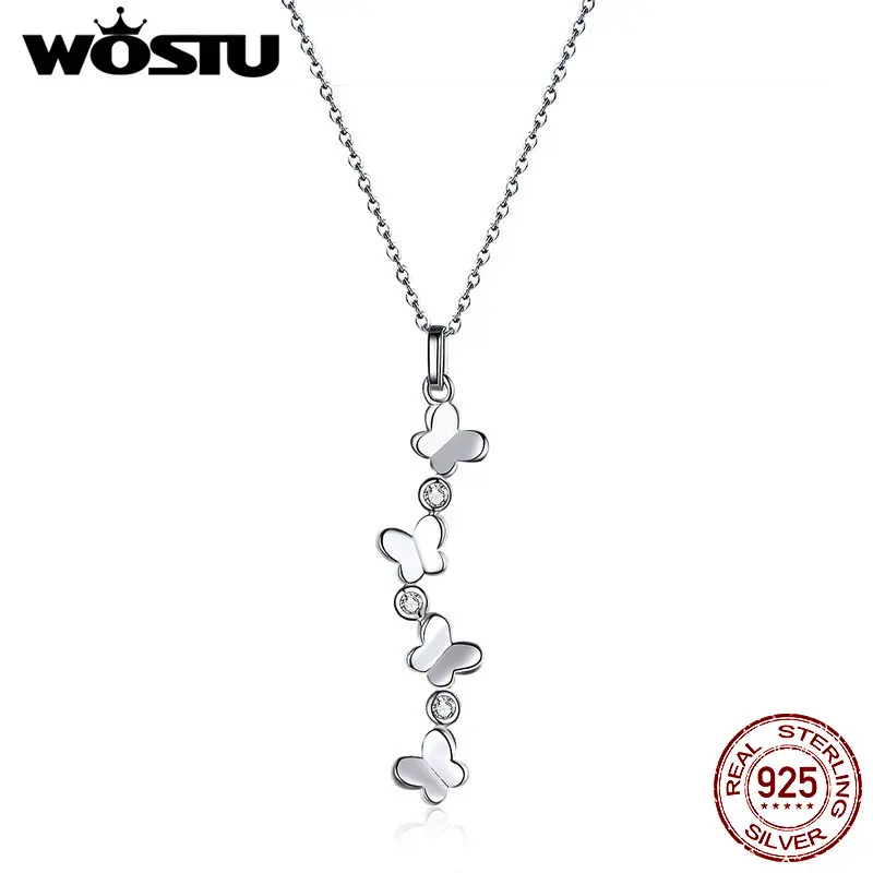 WOSTU Танцы Бабочка Ожерелья 925 пробы серебряные животные вертикальные бабочки кулон длинная цепь для женщин ювелирные изделия CTN051