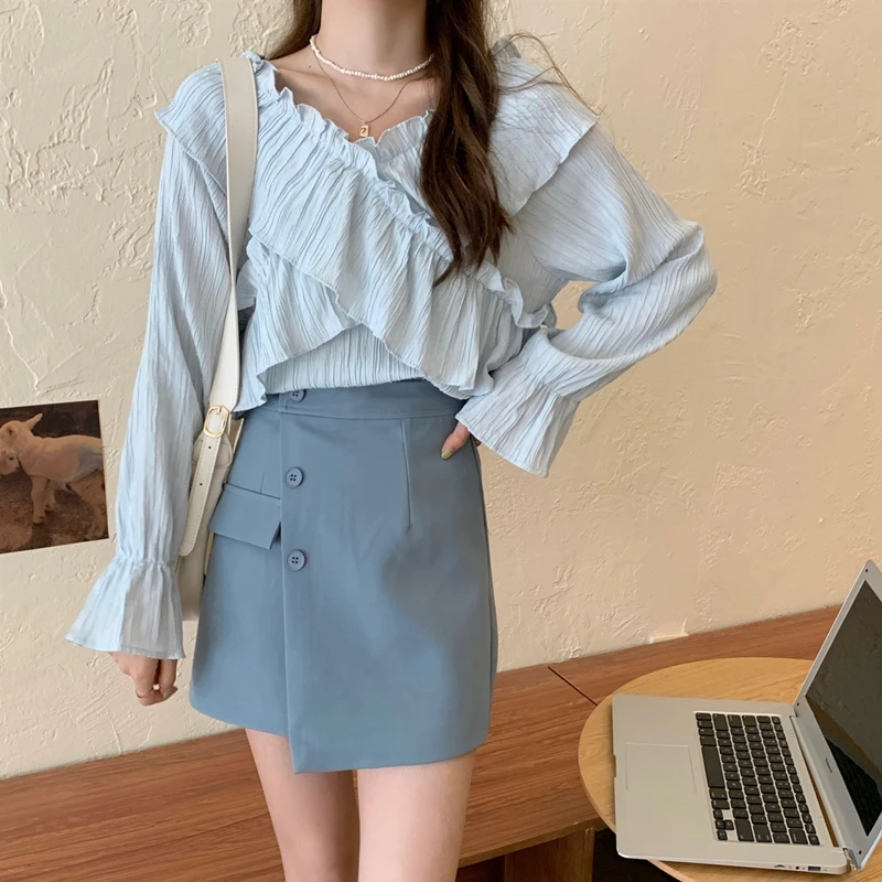 

Sky Blue V-neck Chiffon Shirt Women Autumn 2021 French Vintage Ruffles Long Sleeve Crop Top Korean Streetwear