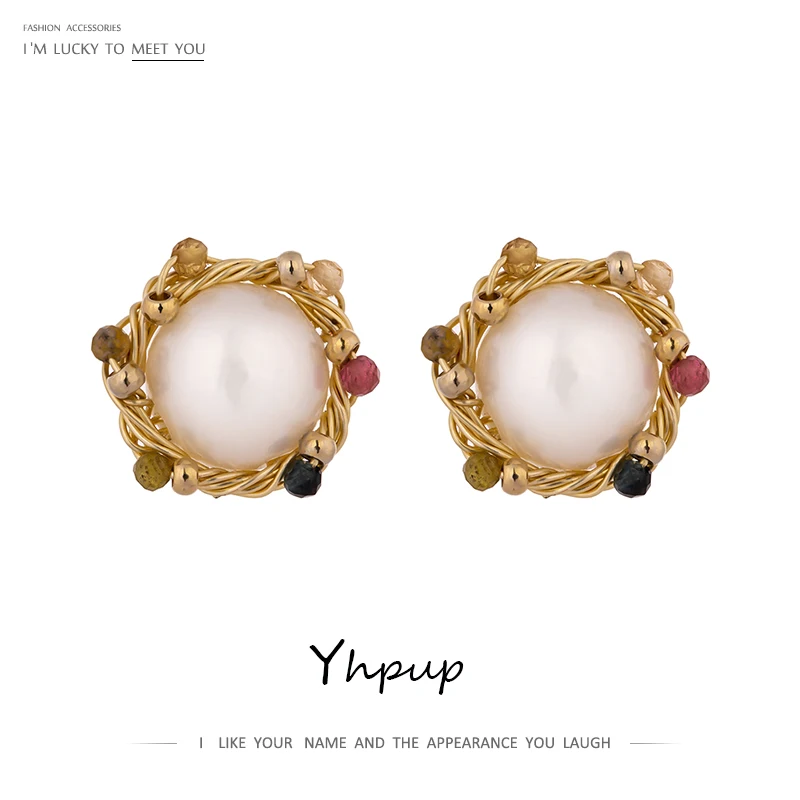 Yhpup Турмалин натуральный жемчуг серьги гвоздики элегантный камень круглые