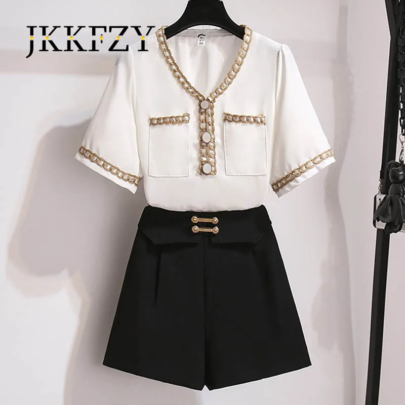 

Summer Fashion Suit Woman V-neck Short-sleeved Chiffon Shirt Shirt + Casual Thin Wide-leg Pants Shorts 2-piece Suit