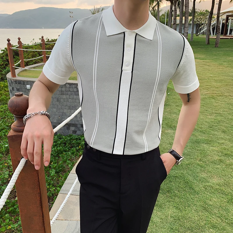 Мужская рубашка поло с коротким рукавом Модная вязаная Базовая лацканами в