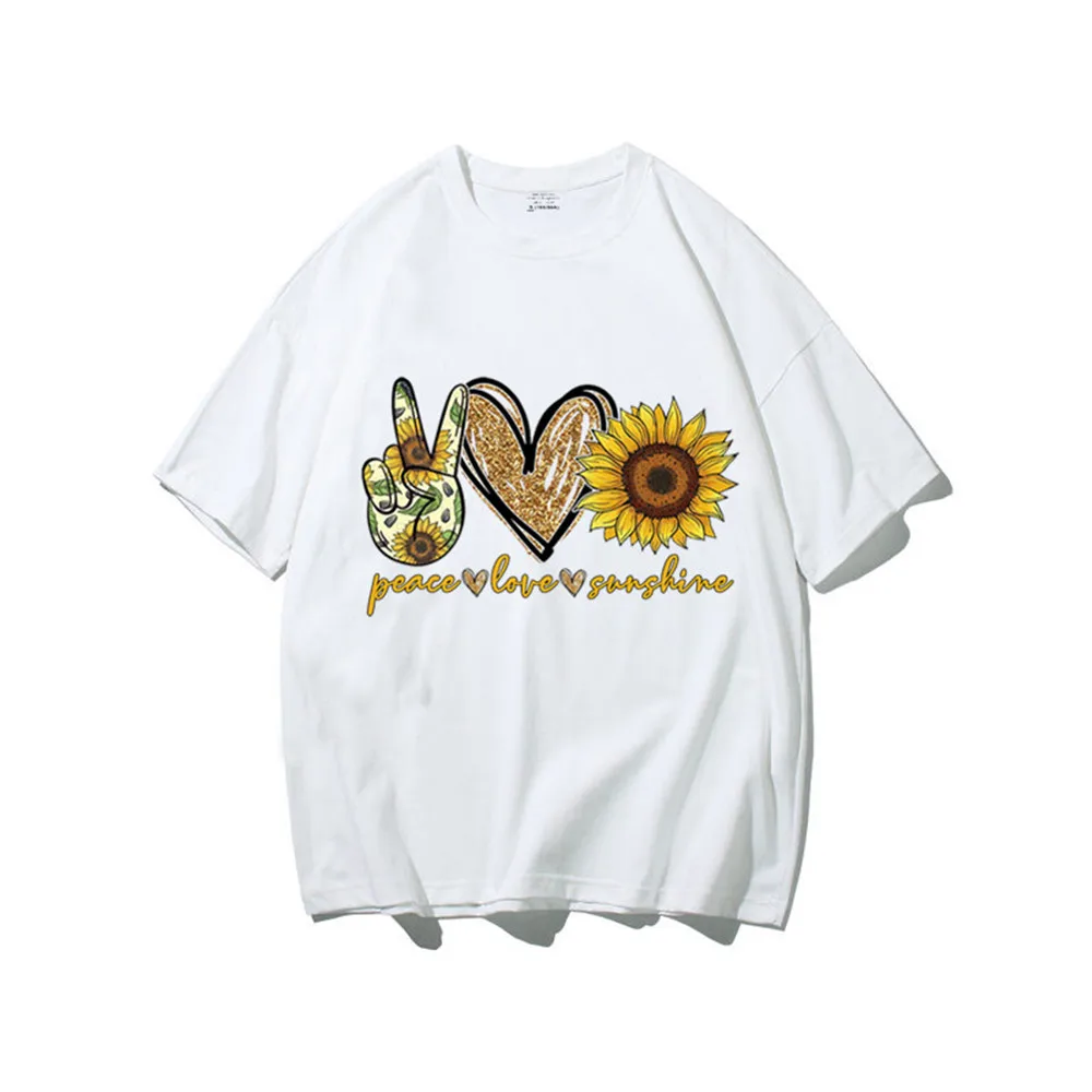 Women's Fashion Shirt Ladies Loose Top Plus Size Short Sleeve Summer Peace Love Sunshine Sunflower Printed Casual T-shirt | Женская