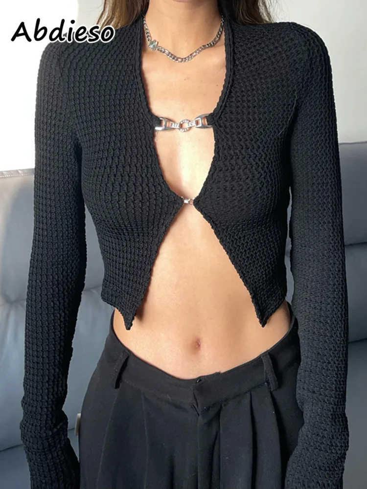 

Abdieso Black Chain Long Sleeve T Shirts Sexy Women 2022 Spring Cut Out Skinny Y2k Casual Tops Streetwear Vintage Tees 90s