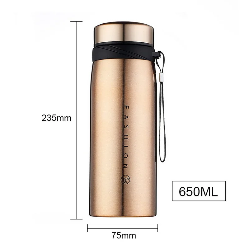 650ml Golden Большая емкость термос бутылка из нержавеющей стали стакан с герметизацией бутылка для воды портативная вакуумная колба для кофе кружка дорожная чашка - Цвет: 650ml Golden