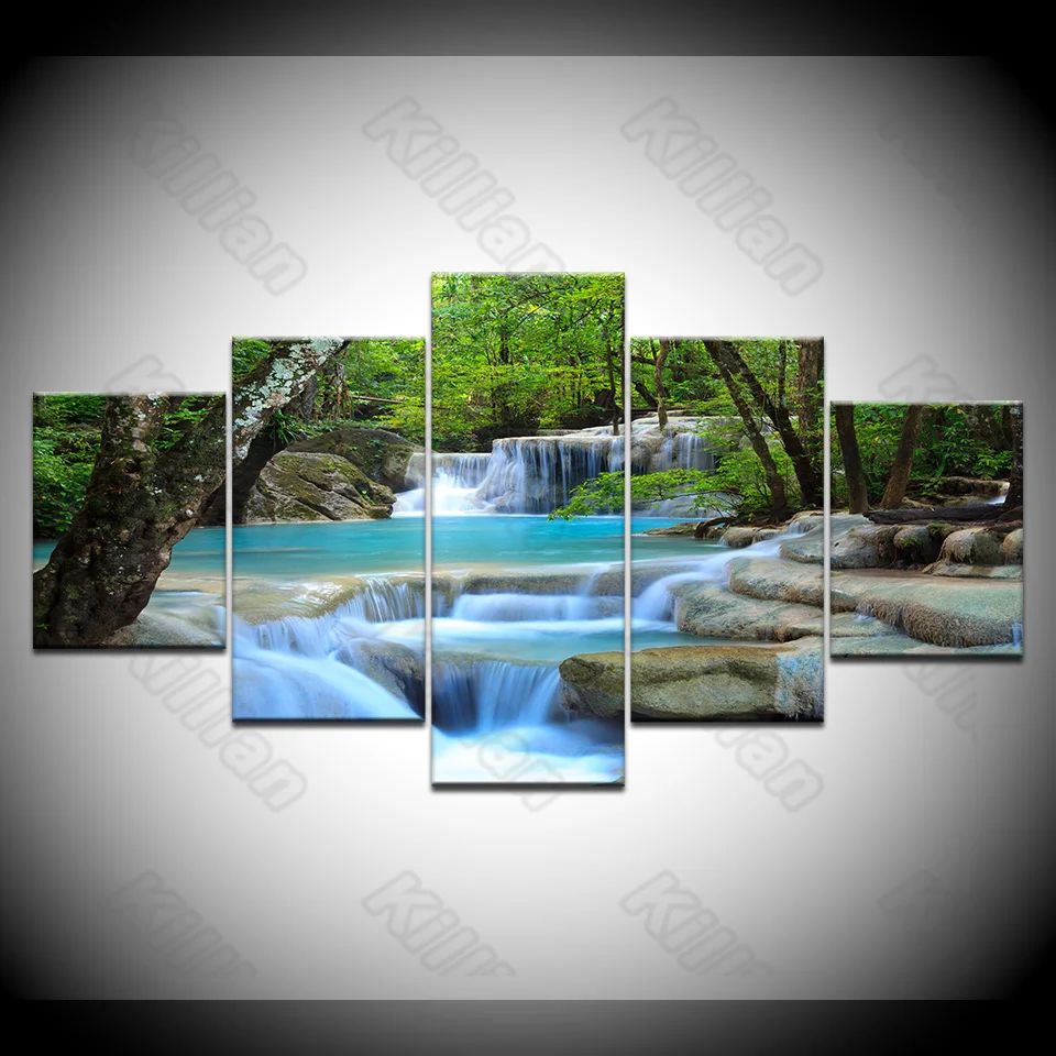 

Landscape Style Mural Canvas Paintings Bed Home Decor Prints 5 Pieces Jungle and Waterfall Decoration Living Room Wall Fresco