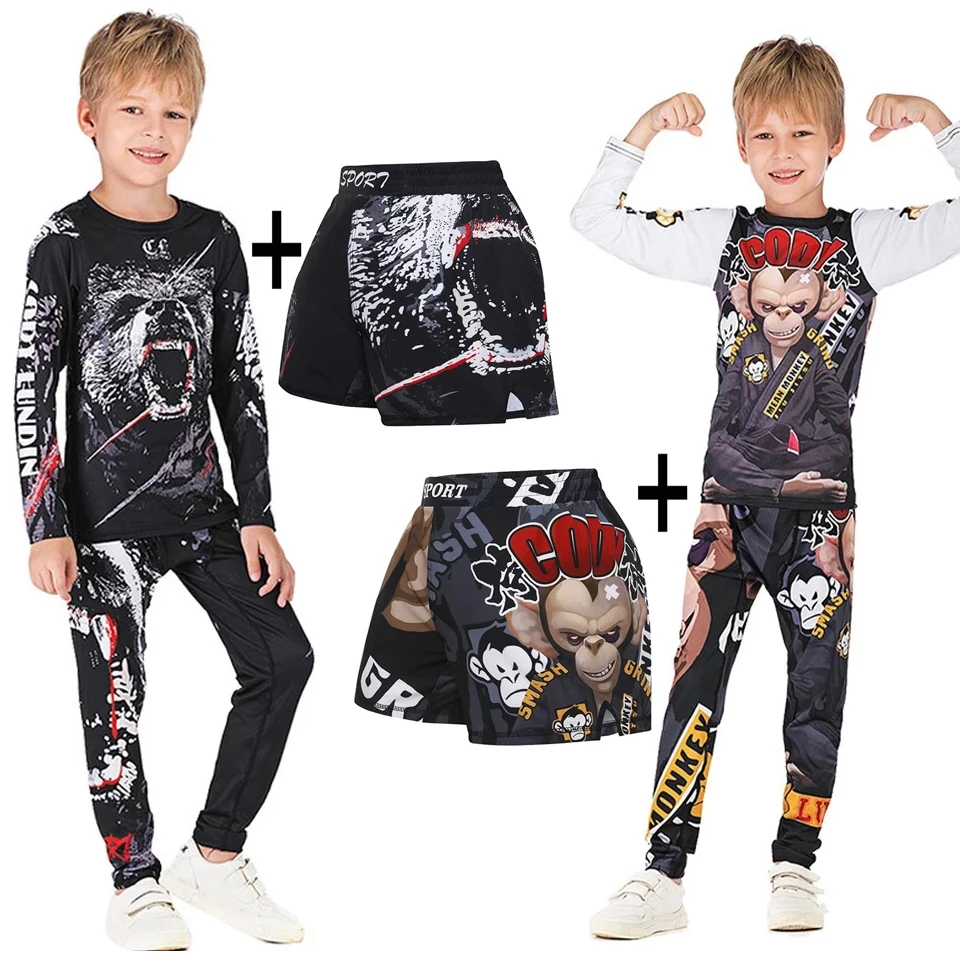 Conjunto de camiseta y pantalón para niños, Kimono Rashguard Jiu jitsu, pantalones cortos MMA, Muay Thai, Kickboxing, ropa de gimnasio