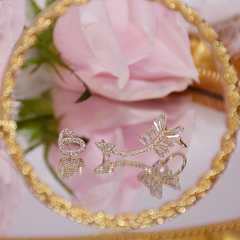 

Luxury 14K Real Gold Cupid's Arrow Earrings for Women Jewelry Brilliant AAA Zirconia S925 Silver Needle Stud Wedding Party