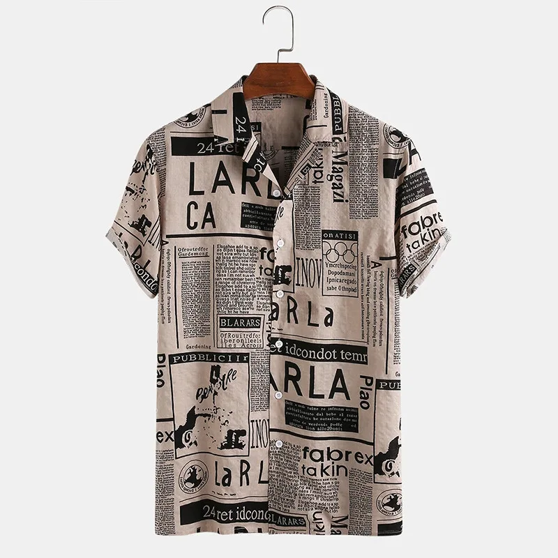 

Men Shirts 2021 Fashion Vintage Newspaper Print Mens 65% Cotton Casual Holiday Short Sleeve Shirts For Men Hawaiian Shirt