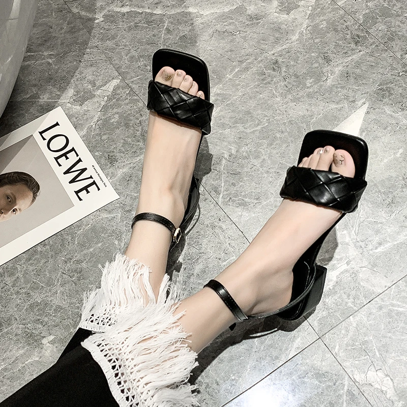 

Hot Sale Dropshipping Summer Ankle Strap Weave Sandals Women Black Leather Square Toe Thick Heels Shoes Woman Outdoor Sandalias