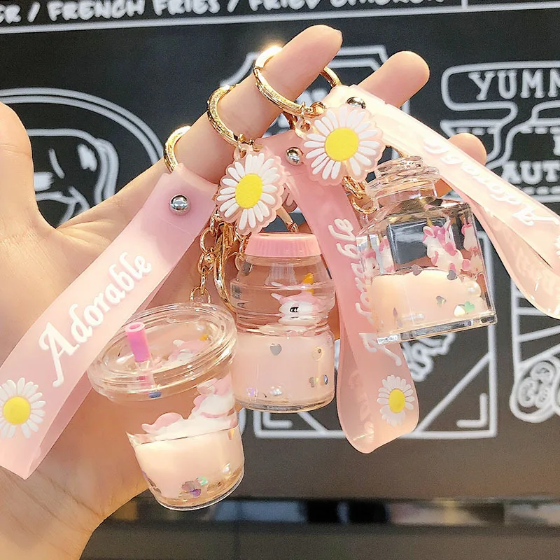 Брелок для ключей в виде милой девочки с плавающим единорогом, креативные брелоки в виде зыбучего песка с жидкостью, брелок для ключей в виде бутылки с молоком, кольцо для ключей, подвеска для сумки, маленький подарок для пары