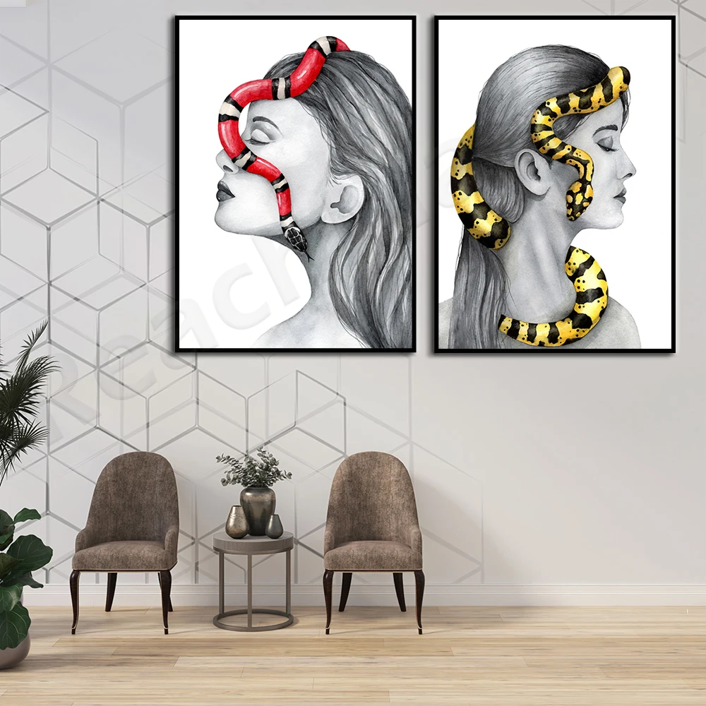 

Snake painting reptile art snake poster, reptile decoration yellow snake snake art black and white painting