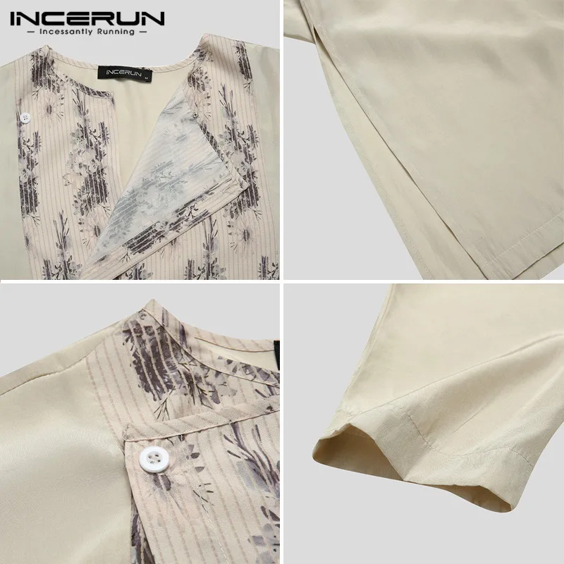 

INCERUN Fashion Muslim Clothes Men Jubba Thobe Print Patchwork Long Sleeve Robes Islamic Arabic Kaftan Middle East Abaya S-5XL