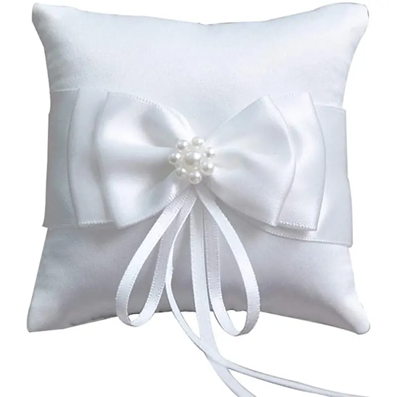 

Romantic Ribbon Pearls Double Bow Ring Pillow Bridal Wedding Ceremony Pocket Ring Pillow Cushion Bearer With Ribbons Decoration