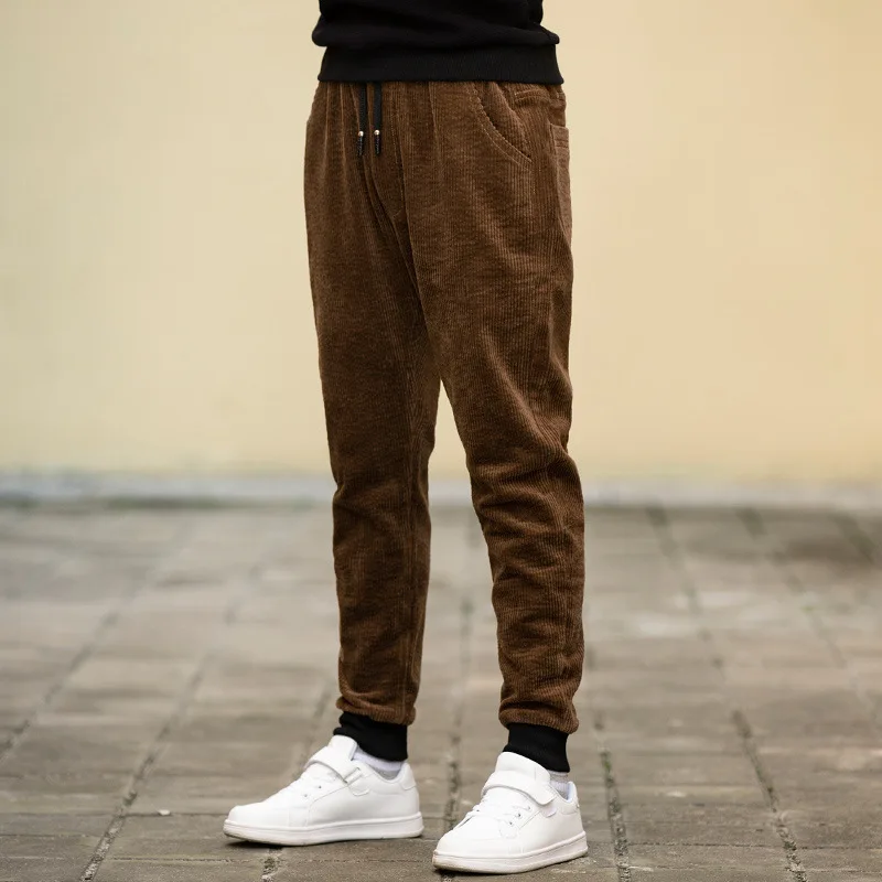 Dark khaki Для маленьких мальчиков штаны для подростков, зимние штаны для девочек из хлопка однотонный вельветовый брюки для девочек; бархатный плюш; сезон осень Повседневное длинные брюки для мальчиков на зиму - Цвет: Dark khaki