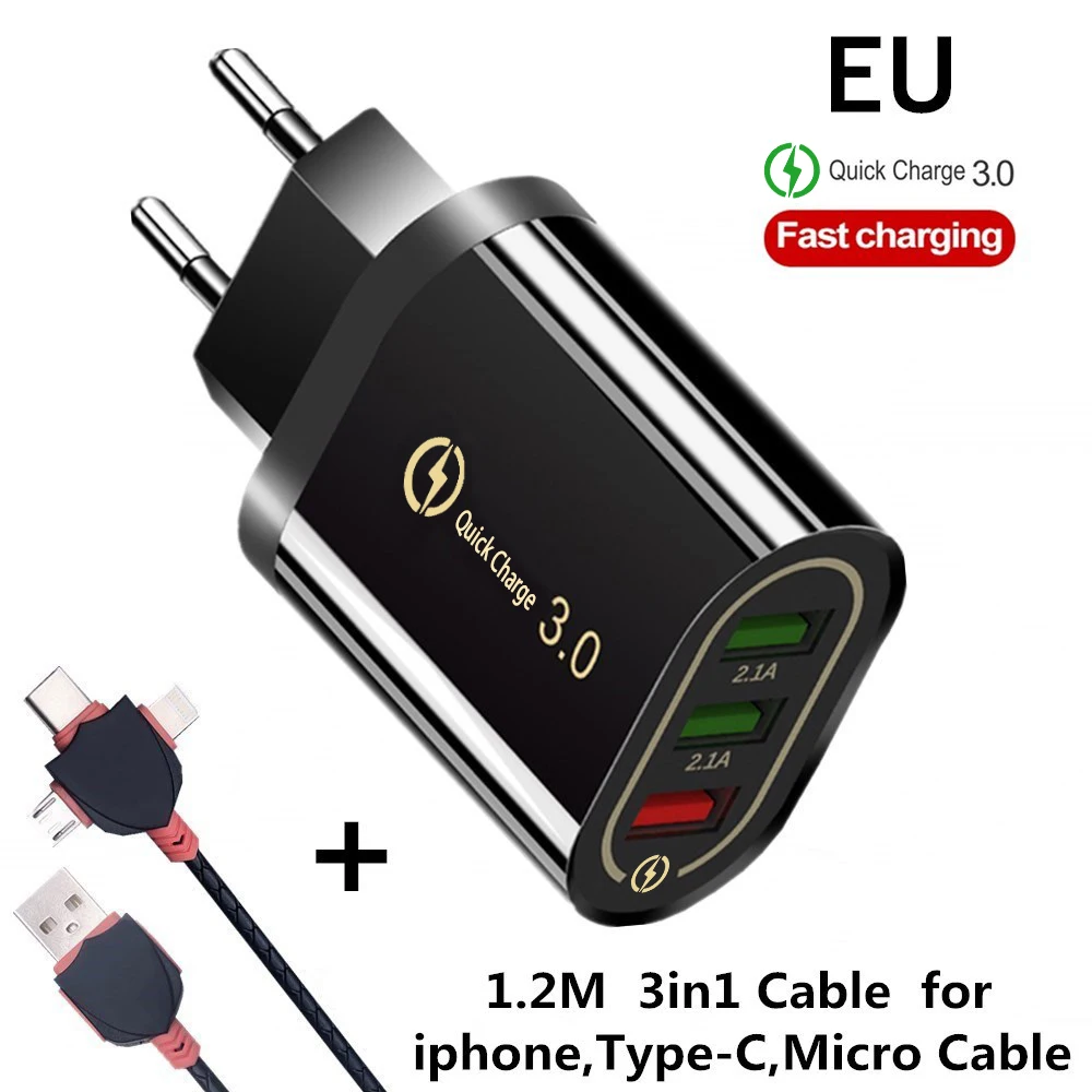 EU 3in1 Cable Black EU/US 5 В/3A зарядное устройство для телефона, быстрое зарядное устройство, быстрая зарядка QC 3,0, зарядное устройство USB для iPhone X 7 8 11 samsung huawei Xiaomi, зарядное устройство - Тип штекера: EU 3in1 Cable Black
