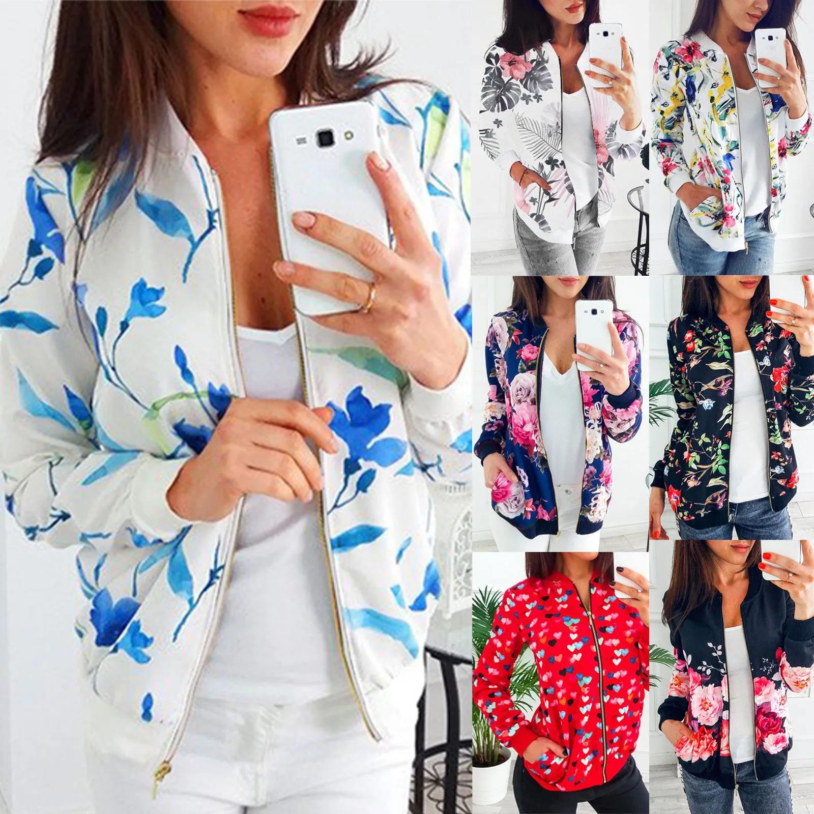 Модная женская Ретро куртка на молнии с цветочным принтом и длинным рукавом