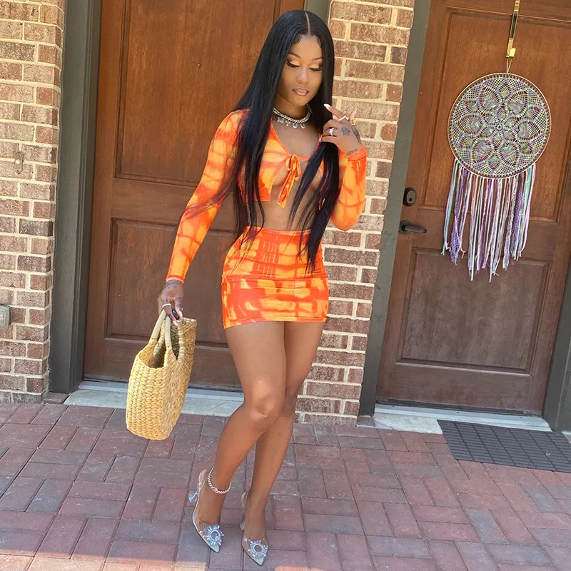 

Tie Dye 2 Piece Skirt Set for Women Bandage Hollow Out Crop Top Sexy Bodycon Mini Dresses Streetwear Matching Sets Club Outfits