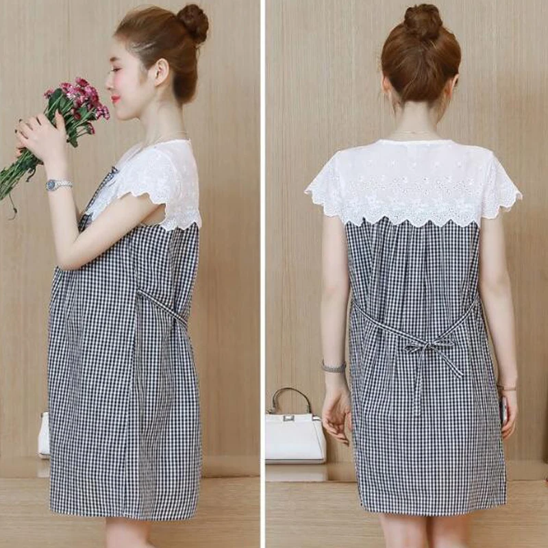 

Striped Lace Patchwork Maternity Dresses Cute Bowknot Maternity Clothings Pregnant Women Loose Pregnancy Clothes 2020 Summer New