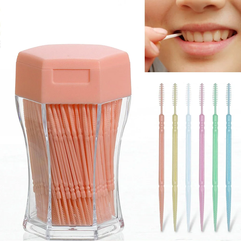 

200Pcs/box Gum Interdental Floss Plastic Double-Headed Brush Stick Toothpicks Teeth Oral Cleaner 6.5cm Toothpick Random Color