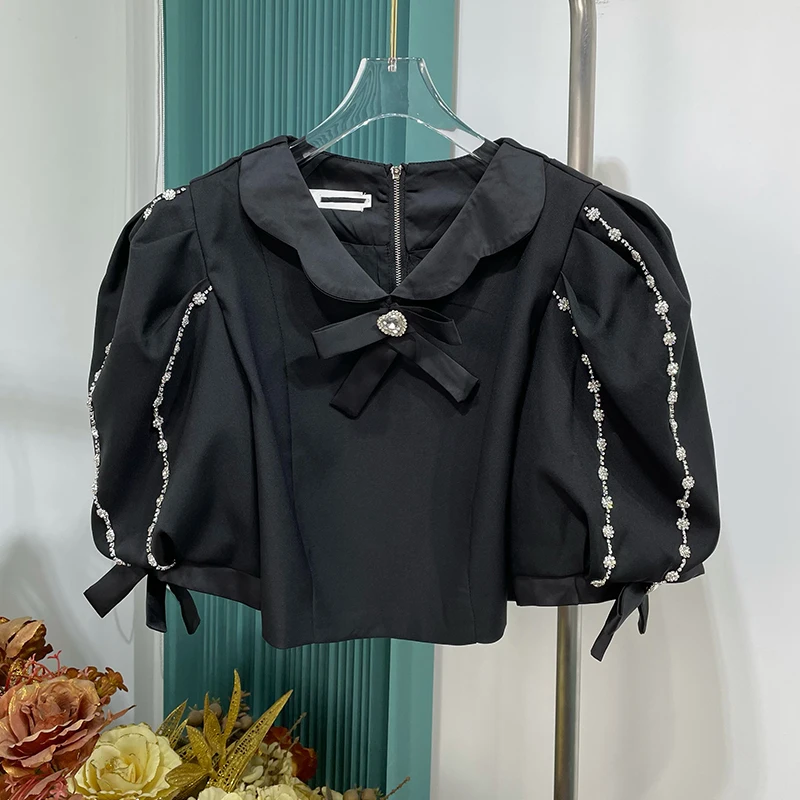 

2021 Summer New Heavy Rhinestone Doll Collar Puff Short Sleeve Shirt Women's Bow Slimming Blouse Female Chic Short Tops Blusas