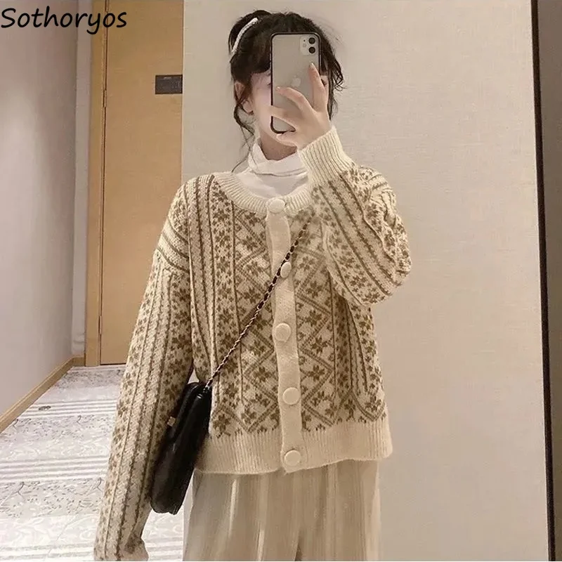 

Women Printed Cardigan Comfort Slouchy O-neck Korean Style Retro Knitting Fashion Females Sweaters All-match Outwear Gentle Chic