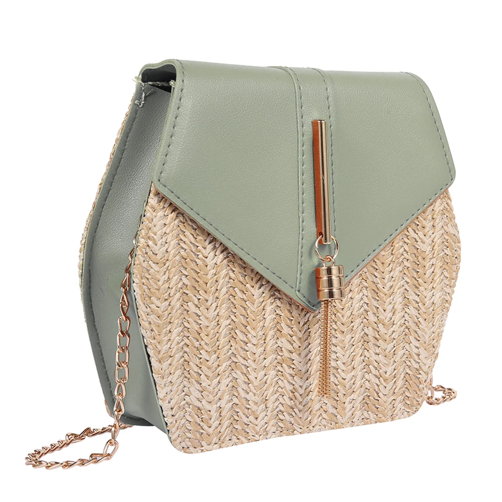 Женская соломенная сумка в стиле шестиугольник + Кожаная летняя из ротанга