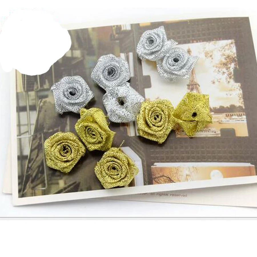 

200Pcs/bag Hand Made DIA 2.5Cm Gold Silver onion Ribbon Rose Flower For Wedding Bouquet Decoration Flower DIY Hair Accessoires