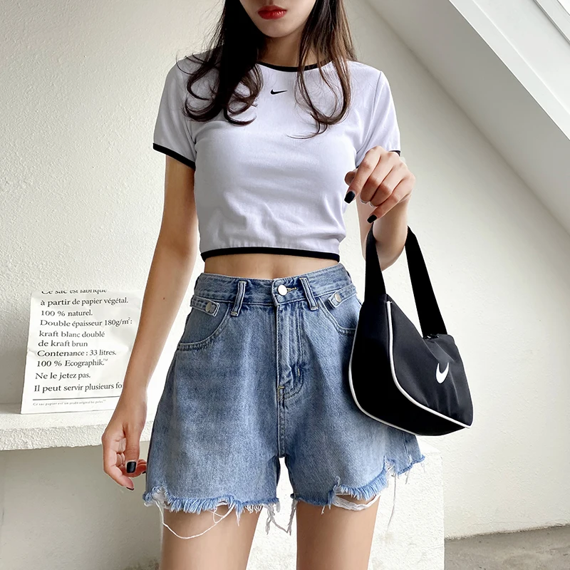 GUUZYUVIZ Blue Hot Pants Jeans High Waits Denim Short Feminino Hold Tassel Korean Summer 2020 Loose Plus Size | Женская одежда
