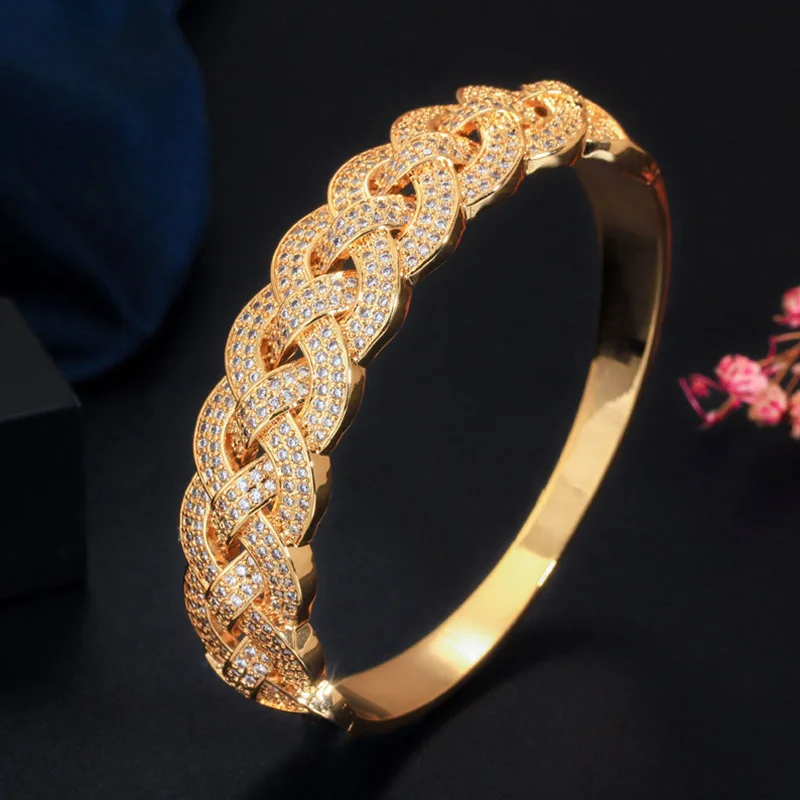 Yellow Gold Pera, кубический цирконий, женские золотые ювелирные изделия, большой массивный широкий браслет, браслет, кольцо, набор для роскошного свадебного костюма, аксессуары Z054 - Окраска металла: Yellow Gold