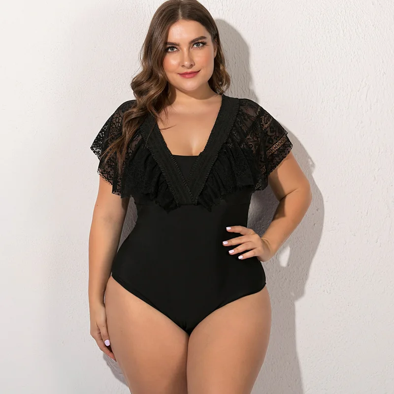 Черный кружевной купальник большого размера 5XL сдельный сексуальный женский