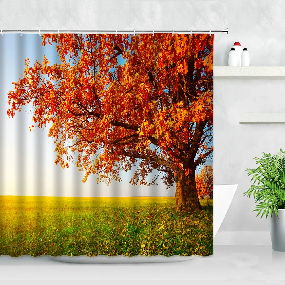 

Autumn Landscape Shower Curtains Fabric Bathtub Screen Red Maple Leaf Tree Meadow 3D Natural Scenery Home Bathroom Decor curtain