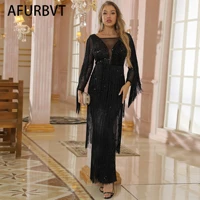 women black tassel long dress patchwork mesh see through party celebrate event tight summer bodycon sexy prom occasion robes new