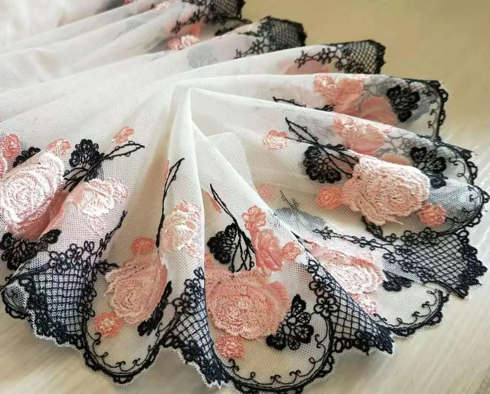 Великолепная кружевная отделка из тюля розовые розы черные цветы Вышитое