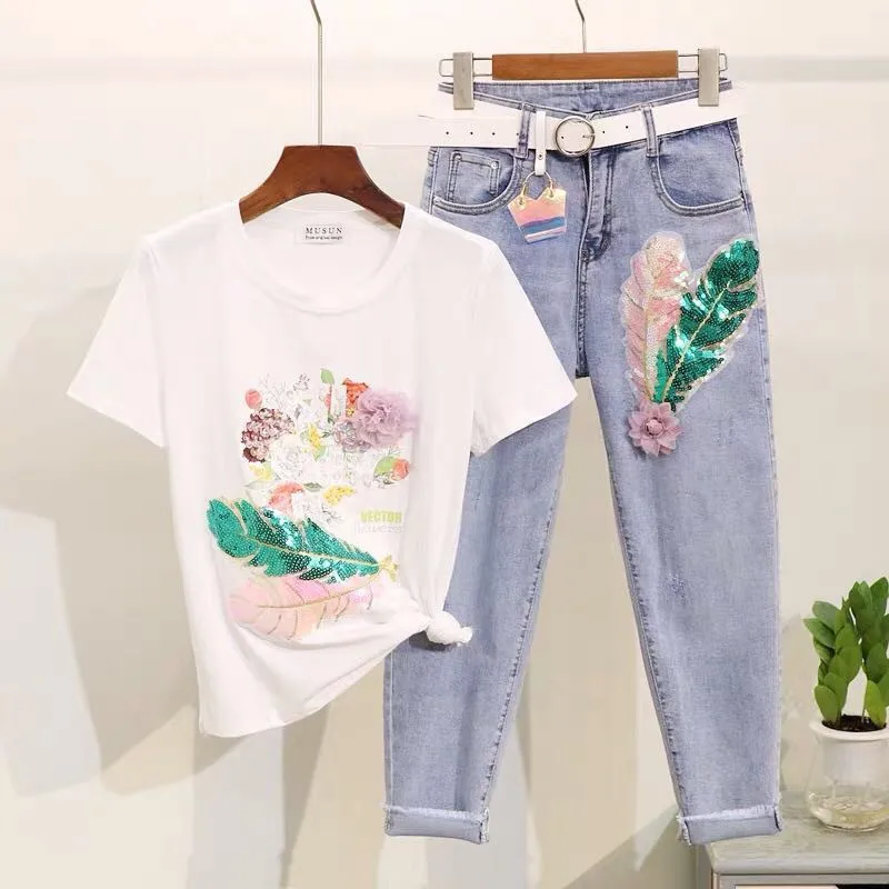 

L Longsheng European Station Pearl feather cloth short sleeve women's clothing DIY decoration with sequins Zhangzi Ye Zihua